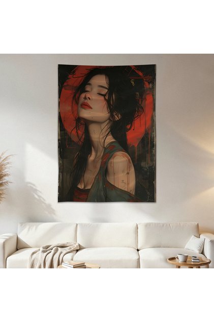 Young Woman Wall Cloth Wall Tapestry First Quality Satin Fabric Poster