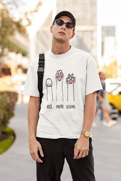 Cat Finger Printed Men's Crewneck Cotton Oversize Short Sleeve T-Shirt