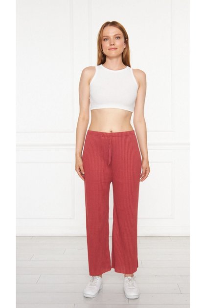 Women's Dried Rose Ribbed Pants & Sweatpants, Casual Home Wear Pajamas