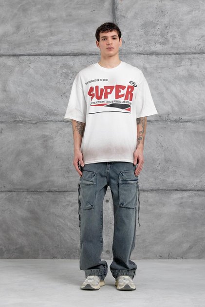 Men's T-Shirt Super Written White Oversize Printed Crew Neck Thick Cotton Fabric