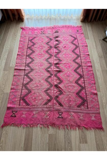 130x188 cm El Dokuma Pembe Türk Kilimi, Vintage Anadolu Yün Kilim, Benzersiz Çiçek Deseni, Yumuşak P