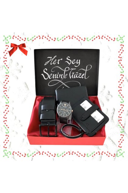 Erkek Hediye Set Siyah Kol Saati-Kemer- Cüzdan- Kartlık- Bileklik