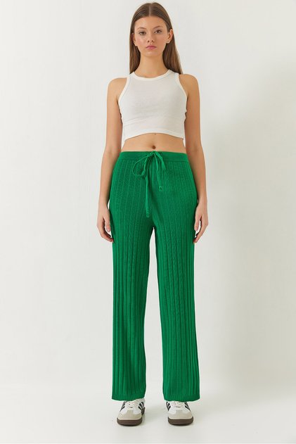 Women's Green Elastic Waist Ribbed Palazzo Trousers 20223118