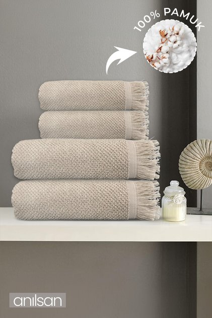 4'lü Bej Jelena Havlu Seti %100 Pamuk - 2 Adet El Havlusu 50x90 ve 2 Adet Banyo Havlusu 70x140
