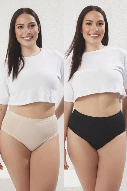 Black-Tan 2-Pack Cotton High Waist Knitted Recovery Classic Plus Size Panties Tbbss25Cm00001