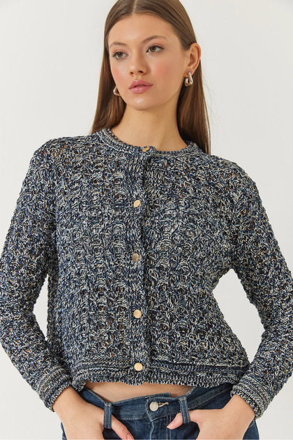 Women's Navy Blue Openwork Glittery Knitwear Cardigan 20246243