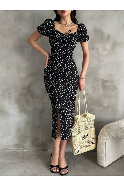 Summer Floral Print Watermelon Sleeve Slit Detail Dress
