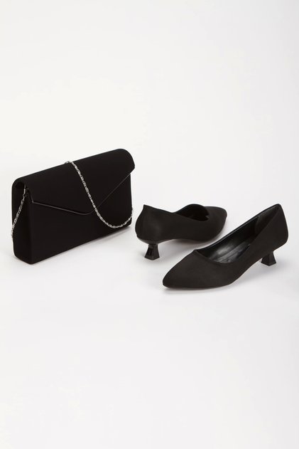 Short Heeled Pointed Toe Stiletto and Bag Set Black Suede