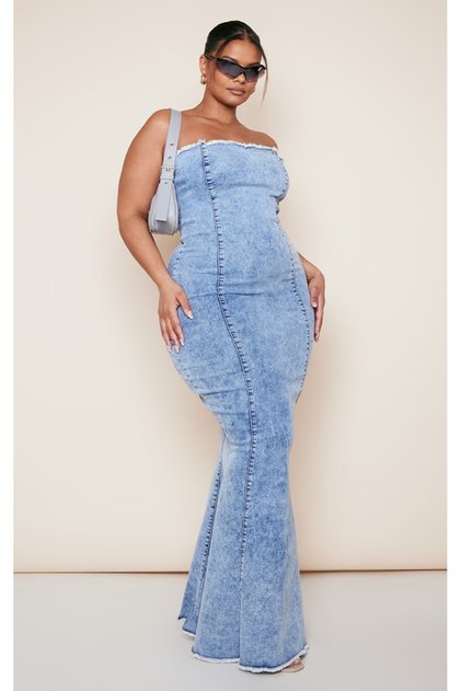 Women's Plus Size Light Blue, Washed Fabric, Lycra Strapless Denim Long Dress 65N38796