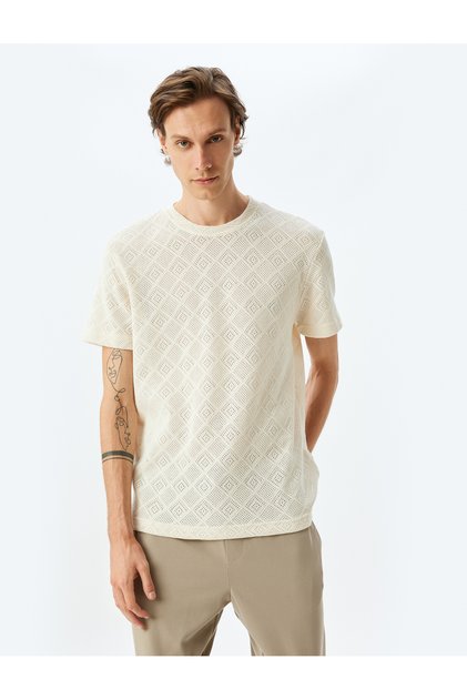 Crew Neck Short Sleeve Openwork Regular Fit Cotton Blend Textured T-Shirt