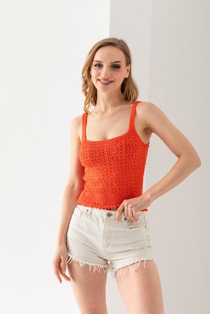 Pompom Patterned Strappy Crop Top, Body, Stylish Comfortable V-Neck Ribbed Sleeveless T-Shirt Crop, Strappy Crop, Top