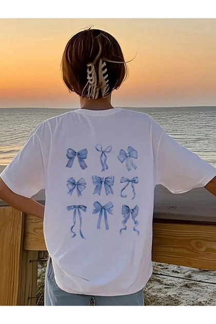 Girl's White Ribbons Back Print T-Shirt