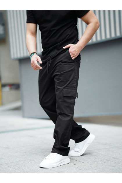 Erkek Kargo Cepli Gabardin Baggy Pantolon Belli Lastikli