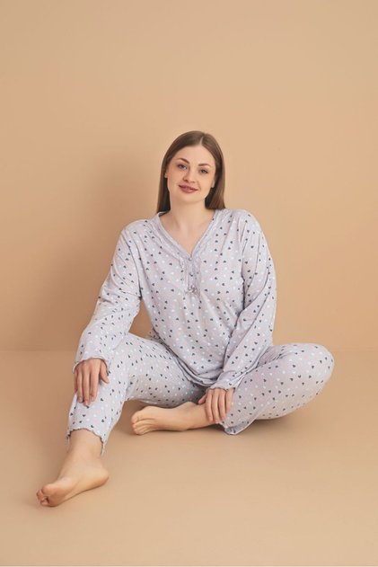 Women's Plus Size Patterned Collared Buttoned Long Sleeve Bamboo Pajama Set