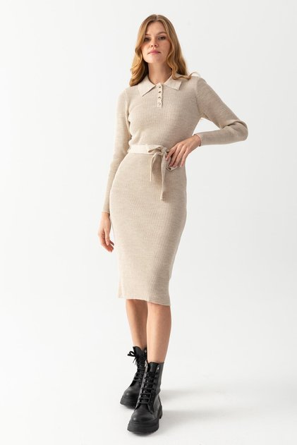 Women's Beige Polo Collar Ribbed Dress 7080