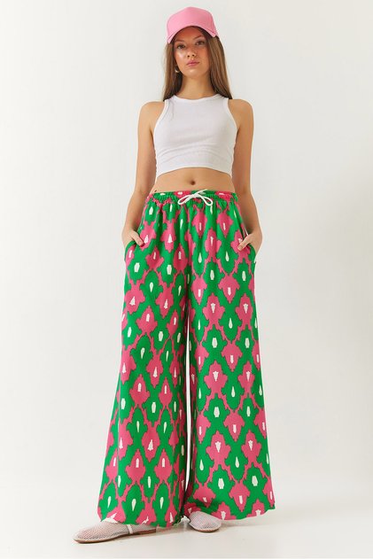 Women's Green Fuchsia Patterned Elastic Waist Tie Pocket Viscose Comfortable Palazzo Trousers 60261435