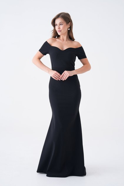 New Season Crepe Fabric Sweetheart Neck Off Shoulder Detailed Women's Maxi Evening Dress with Tail 582988