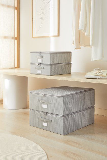 4-Piece Gray Herringbone Under-Bed Luggage Organizer Box with Support 31X38X12 + 45X55X18