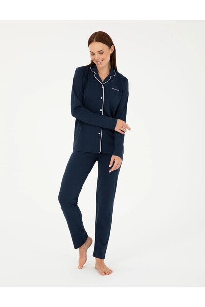 Women's Navy Blue Cotton Modal Long-Sleeved Boxed Pajama Set Q8.U.8O.K2.K.A8.P.C