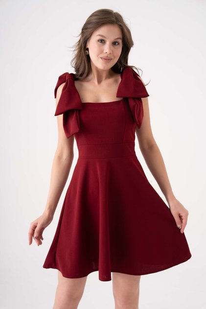 Stretchy Crepe Fabric Strapless Neckline Lacing Strap Detail Flared Cutout Short Burgundy Evening Dress 2030