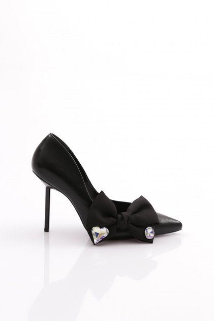 Women's Side Ribbon Heeled Shoes Black 56563557
