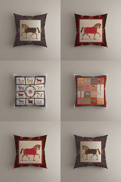 Set of 6 Horse Figured Throw Pillow Covers - Vintage and Classic Style, Elegant Design, Reversible, 43X43 cm