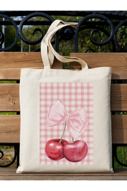 Cemira Y2K Cherry Bows Pink-Red Retro Tasarım Kirazlı Ham Bez Tote