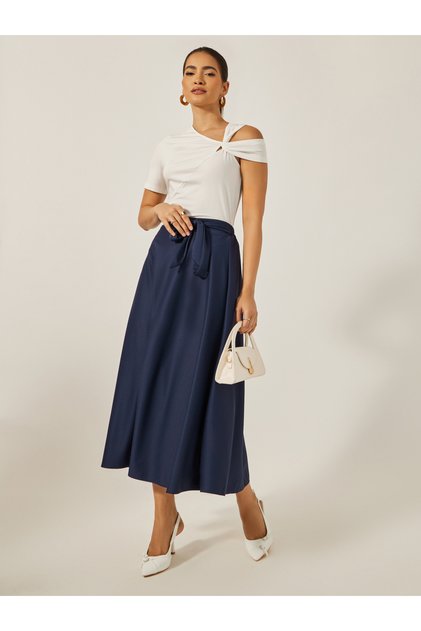 High Rise A-Line Midi Skirt with Tie-Up Belt Detail
