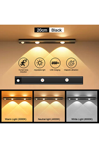 Black 20cm 3 colors in one Lamp Motion Sensor Light LED Sensor Lamp Wireless Ultra Thin USB LED For