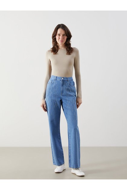 M1 Sezon Indigo Elastic Waist Straight Fit Stoned Women's Jean Trousers