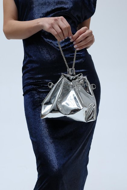 Silver Mirror Patent Leather Chain Evening Dress Bag