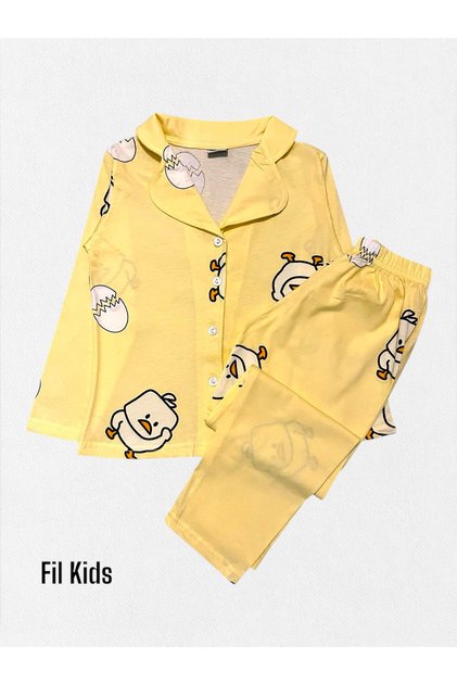 Girl's 100% Cotton Yellow Chick Egg Print Shirt Collar Buttoned Seasonal Pajamas Set