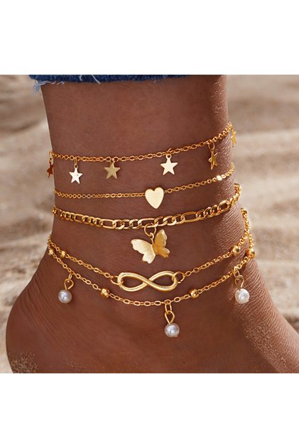 AY6035701 5Pcs Retro Multilayer Tassel Anklet Set for Women Bohemia Vintage Pearl Butterfly Star Hea