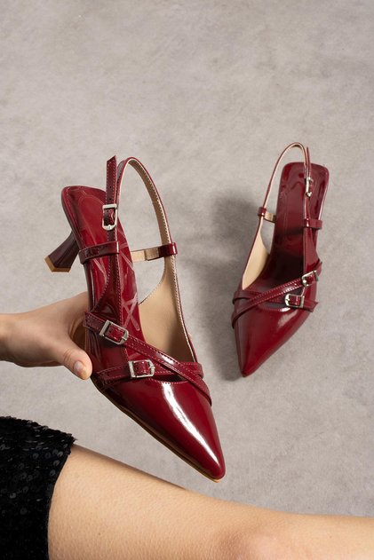 Merry Burgundy Patent Leather Buckle Detailed Heeled Shoes