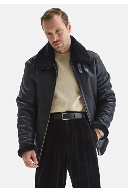 By Marki Marki Erkek Hakiki Nubuk Deri Pilot Mont - Siyah, İçi