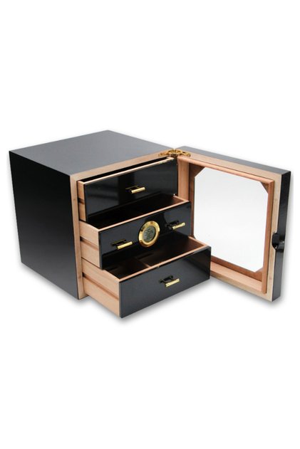 Çekmeceli 3 Katlı Siyah Sedir Humidor Puro Kutusu rd10