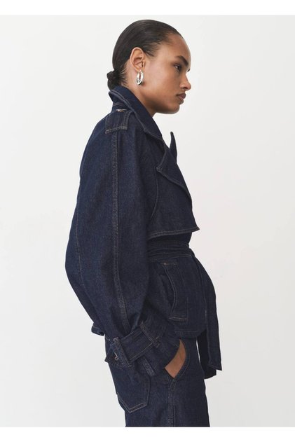 Kemerli kısa denim trençkot