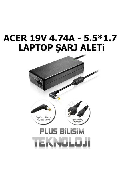 19v 4.74a 5.5*1.7 Adaptör, Laptop Şarj Aleti, Sarı Uç, Standart 3.42 Uyumlu