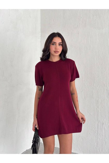 Premium Kalite İnterlok Triko Kumaş Mini Boy Bordo Kısa Kollu Elbise