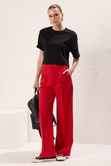 Rote Hose aus gewebtem Stoff mit weitem Bein und weitem Bein TWOAW22PL0066