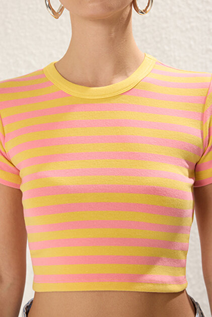 Trendyolmilla Pembe-Turuncu Çizgili Viskoz/Yumuşak Kumaş Crop