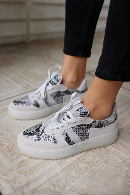 Pollo Women's Silver Snake Material Garnished Lace-Up Sneaker