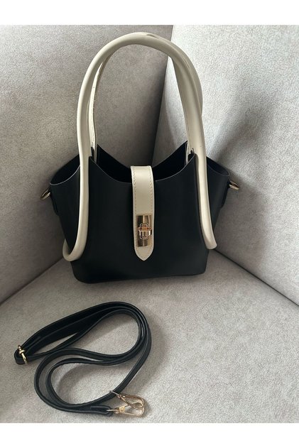 Women's Mini Lock Detailed Puppy Crossbody Hand and Shoulder Bag Black Cream
