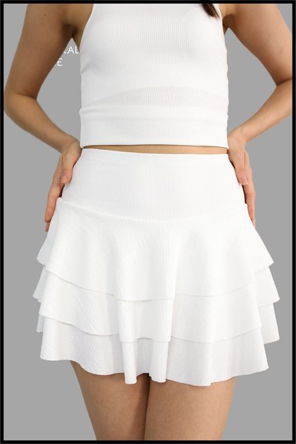 Mykonos Etek Beyaz Içte Sabit Şortlu Yüksek Bel Likralı Bürümcük Kumaş Skirt With Shorts 1101