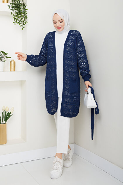 Pamuk Butik Kadın Cepli Belden Bağlamalı Ajurlu Triko Hırka