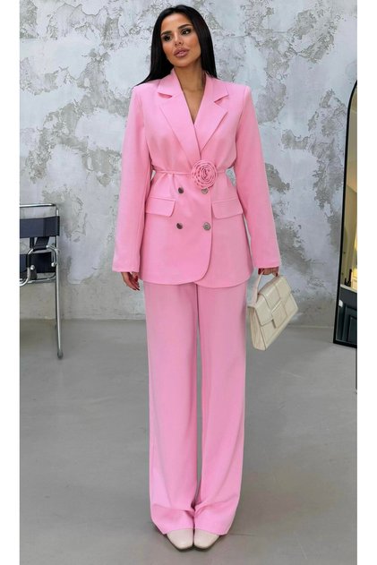 Women's Rose Detail Belted Jacket Trousers Set Candy Pink