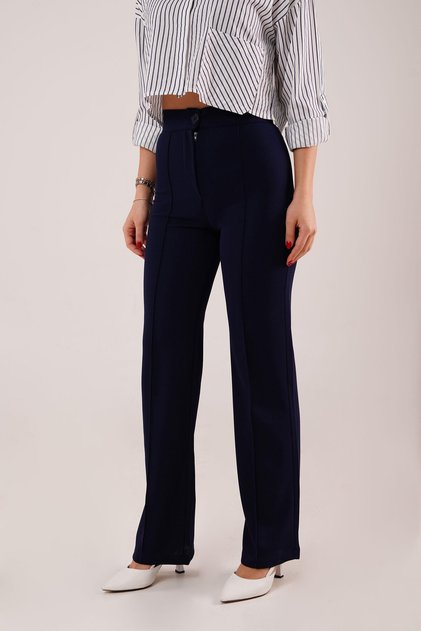 Stitching Detail High Waist Navy Blue Trousers