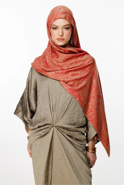 Velora Pattern Double Sided Shawl Mink-Red