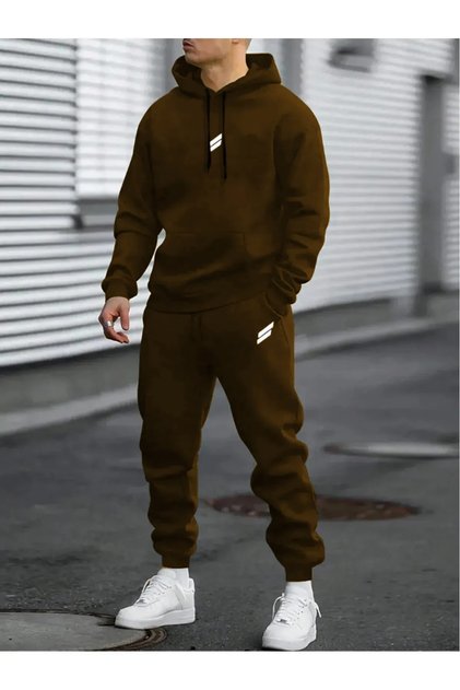 Men's Brown Double Striped Printed Hooded Tracksuit Set