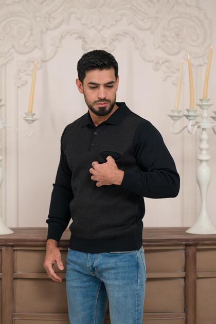 Polo Collar Pocket Dobby Wool Men's Knitwear Sweater